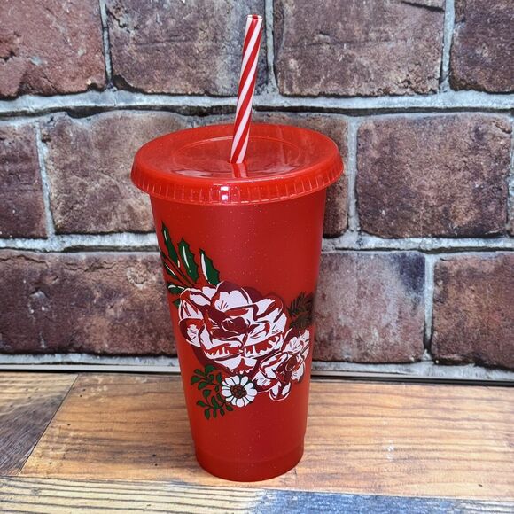 Starbucks Holiday Red Glitter Floral Cold Cup w Straw And Lid Reusable 24oz New - Picture 1 of 7